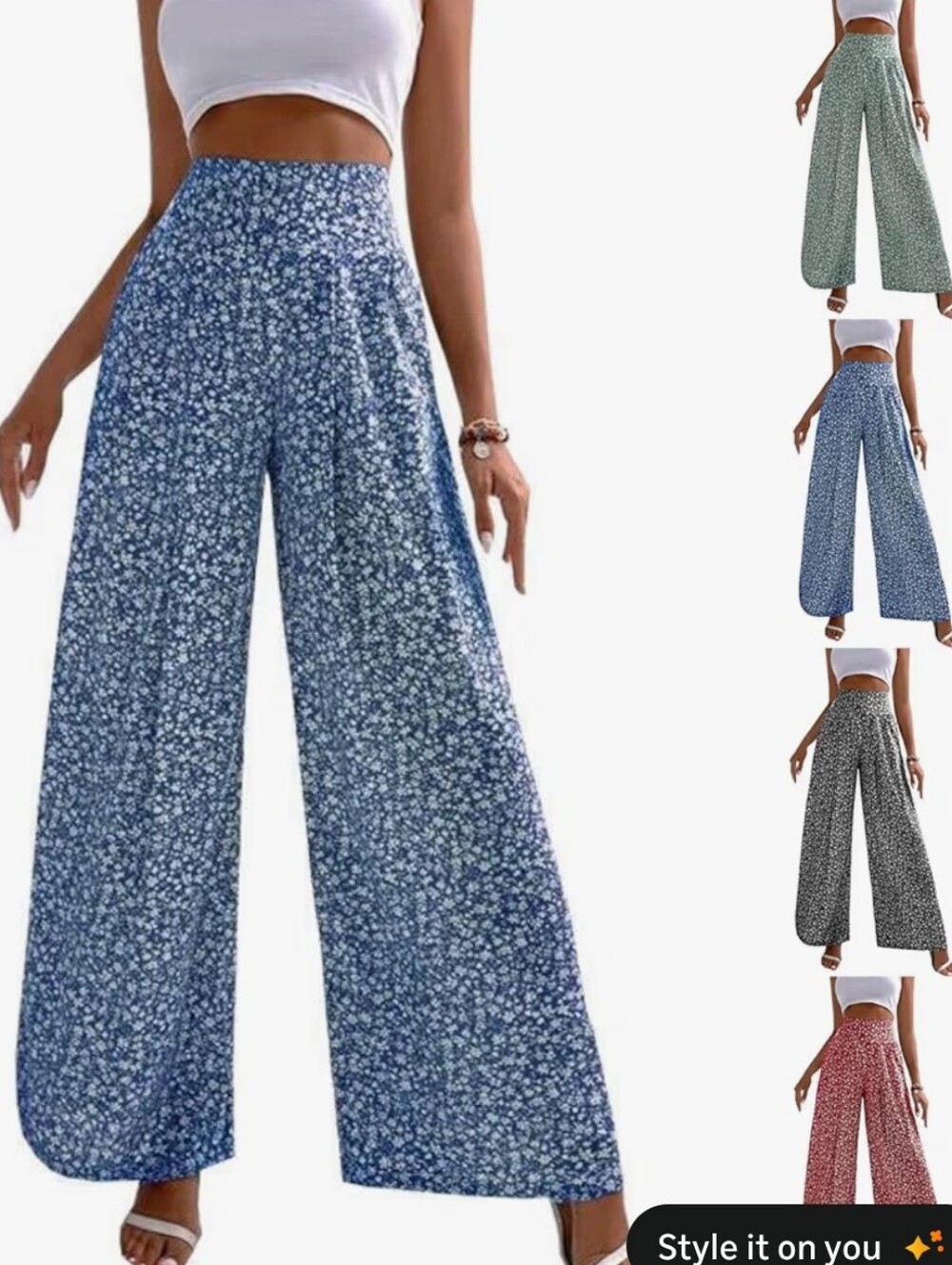High-Waist Wide Leg Floral Pants - Blue #10